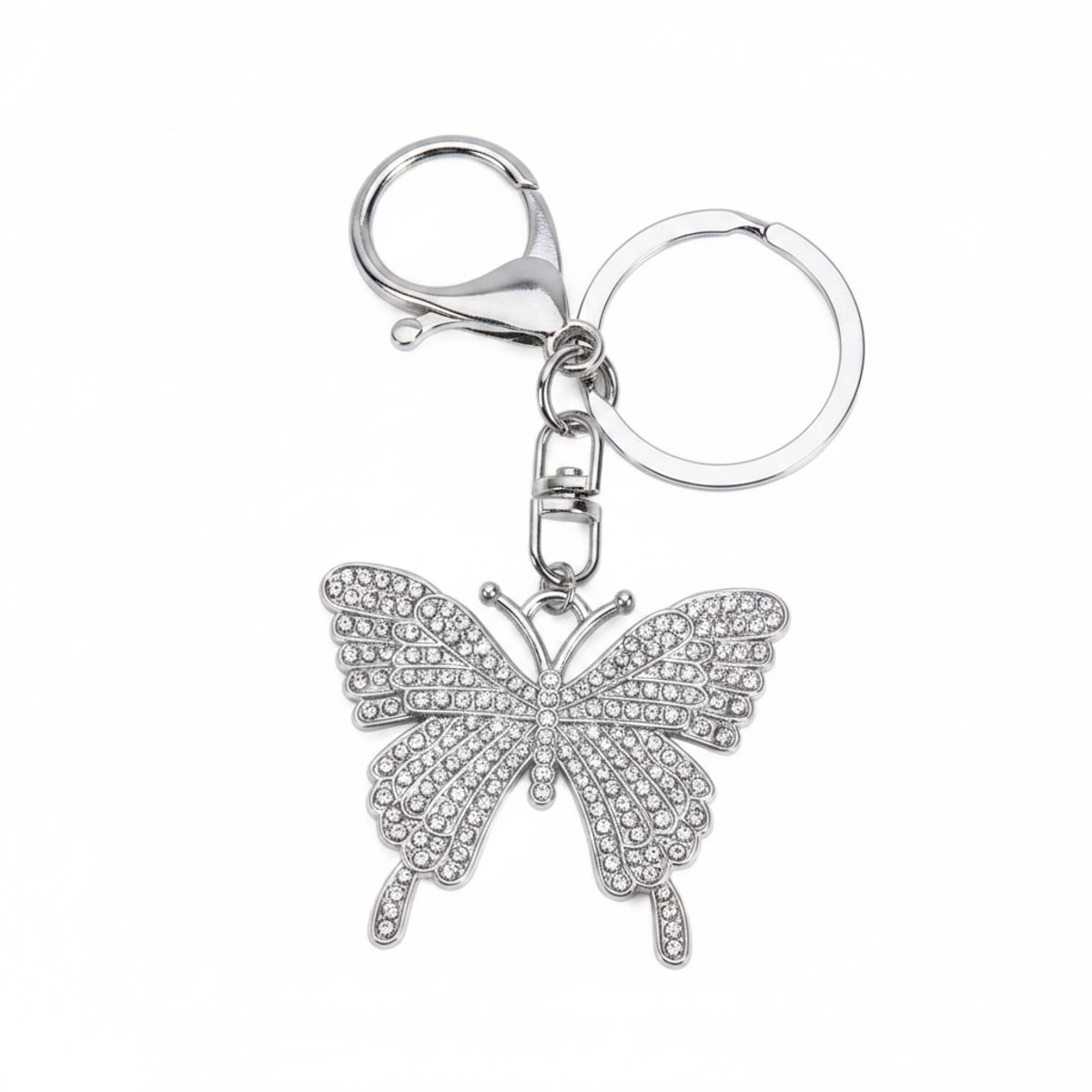 Vlinder Sleutelhanger Zilverkleurig met Strass Steentjes – Luxe Bag Charm Tas Hanger – Elegante Sleutelhanger voor Dames