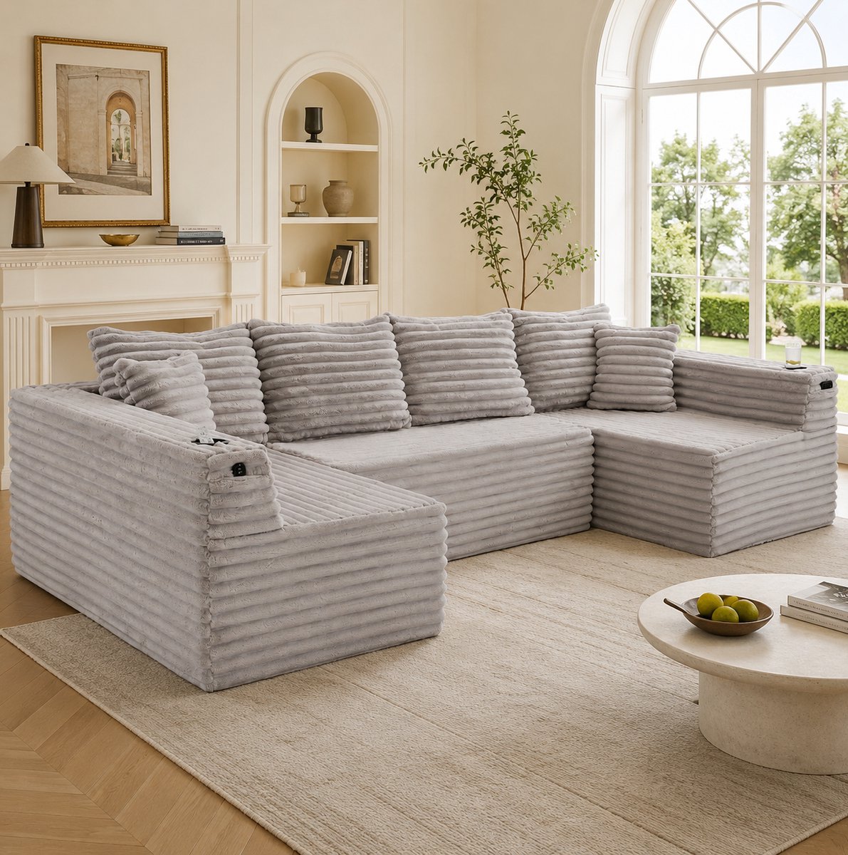 FloraGrace U-Bank – 320 x 155 cm – Met Bekerhouders, Zijvakken En Ergonomisch Zitcomfort – Modulaire Cord Bank Voor Woonkamer – Lichtgrijs