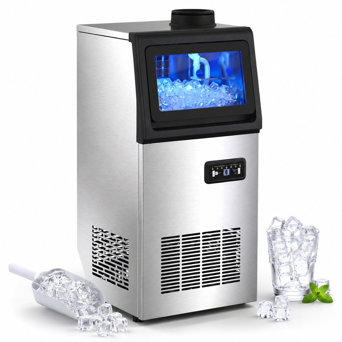 Professionele IJsmaker 45 kg/24u - Roestvrij Staal (RVS) - Vrijstaand & Onderbouw IJsblokjesmachine - IJsmachine Geschikt voor bars, restaurants of kantoren - Zilver