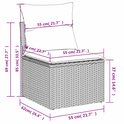 Een zwarte poly rotan stoel met beige kussens, met afmetingen gemarkeerd.