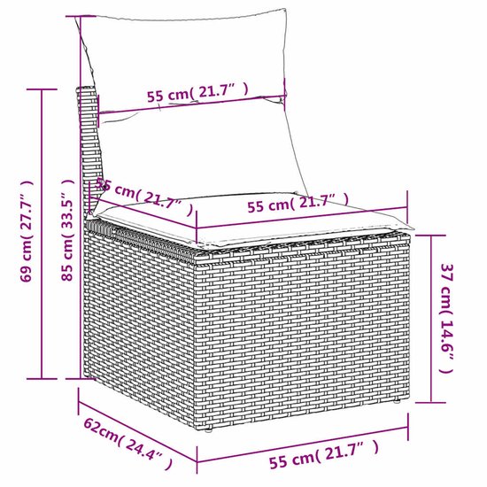 Een zwarte poly rotan stoel met beige kussens, met afmetingen gemarkeerd.