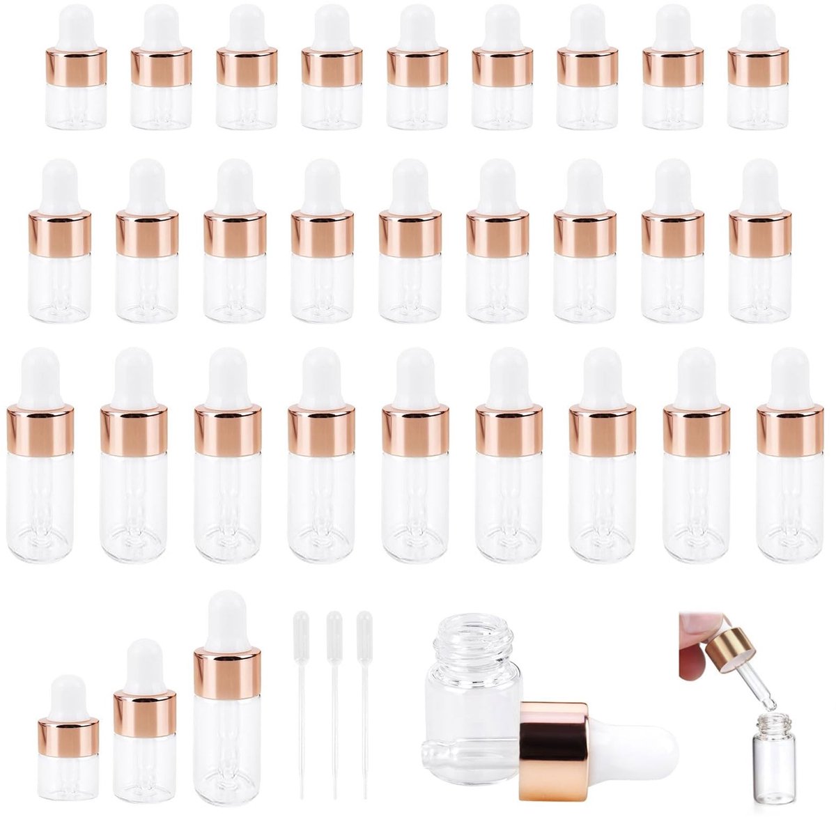 SMOAKEZ- Pipettefles 30 Stuks - Druppelflesje met Pipet - Mini Druppelflesjes 1/3/5 ml - Roestvrij Staal - Hoogwaardige Glas - Waterdicht en Duurzaam - Druppelfles