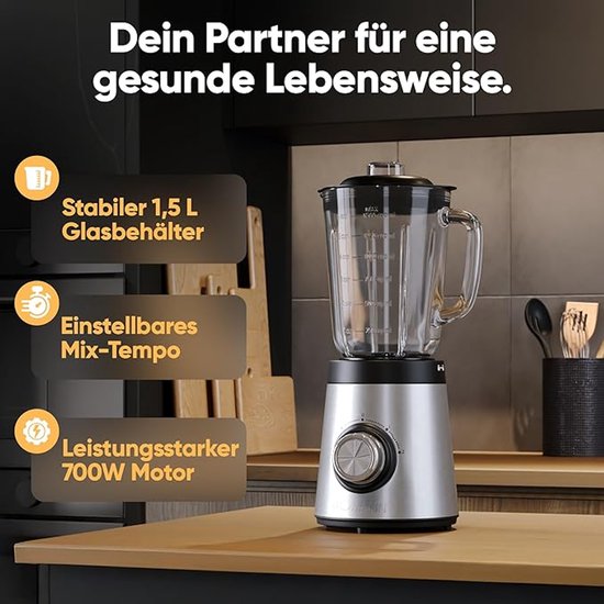 Staande Mixer - Blender 700W - Smoothiemaker 1,5L - BPA-vrij - Massief Glazen Kan - 4-voudig RVS Mes - Ice Crush Functie - 3 Snelheden - Turbofunctie - Deksel met Vulopening - UM 6084 CB — afbeelding 3