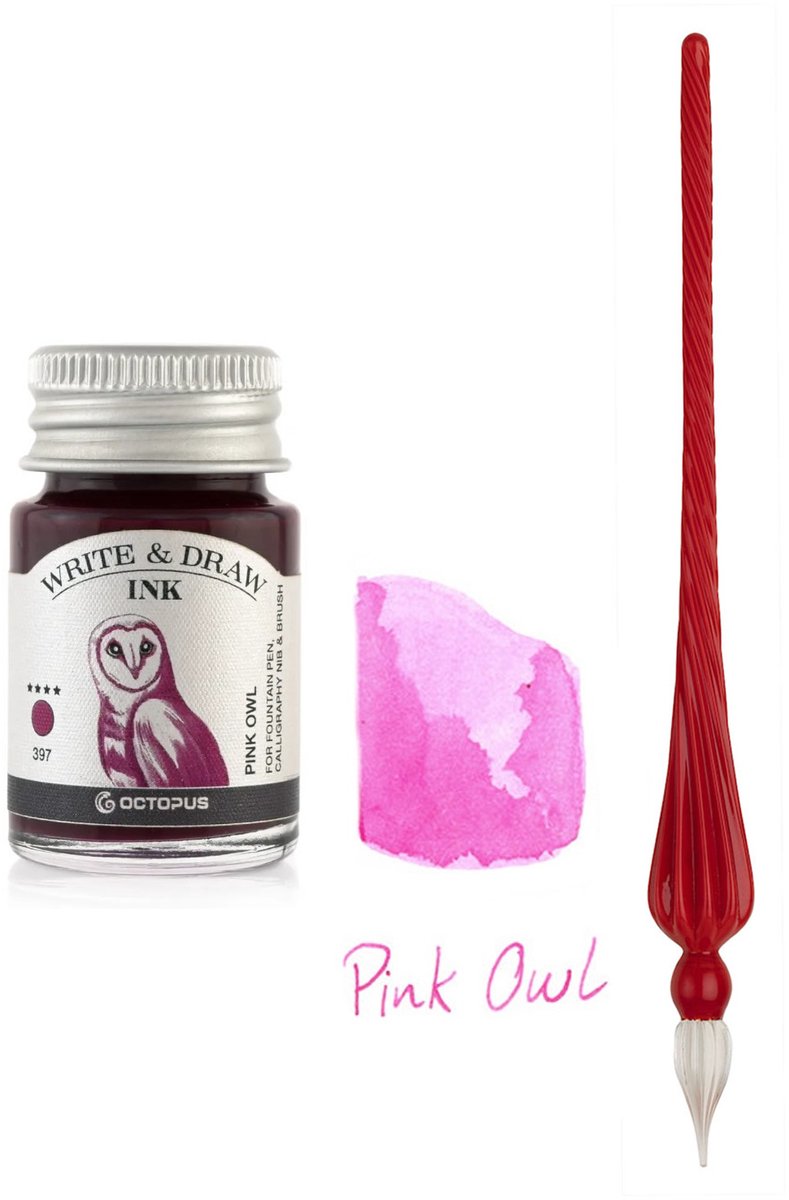 Glazen dip pen set in doosje - Rood - Potje Octopus inkt pink owl