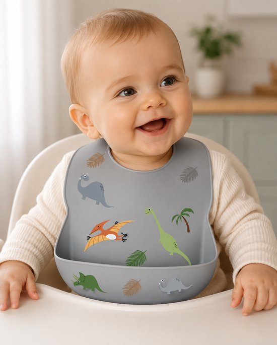 3 Stuks - Siliconen Slabbetjes met Opvangbak - Dinosaurus Groen Blauw van Bear & Care — afbeelding 4