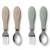 Couverts pour enfants Broemba en acier inoxydable - Set de 4 - 2 cuillères et fourchettes Bébé - Couverts pour bébé 100 % sans BPA - Cuillères et fourchettes - Couverts pour tout-petits beiges/verts
