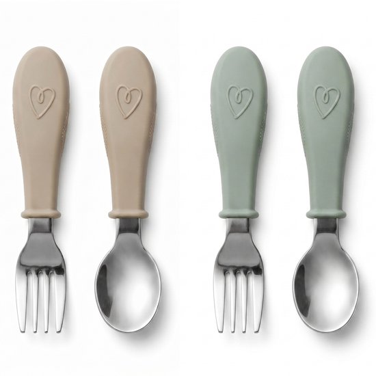 Couverts pour enfants Broemba en acier inoxydable - Set de 4 - 2 cuillères et fourchettes Bébé - Couverts pour bébé 100 % sans BPA - Cuillères et fourchettes - Couverts pour tout-petits beiges/verts