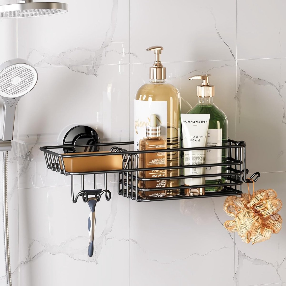 Zwarte Hangende RVS Douche Caddy zonder Boren - Badkamer Plank met Zuignap, Haken, Zeep- en Scheermes Houder - Ideale Badkameropslag en Organisatie voor Binnengebruik