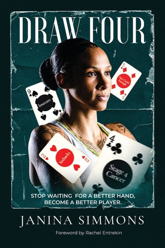 Couverture de livre intitulée 'Draw Four' avec une femme tatouée, entourée de cartes à jouer avec des textes tels que 'Insecure', 'Not Good Enough', 'Setbacks' et 'Stage 4 Cancer'.