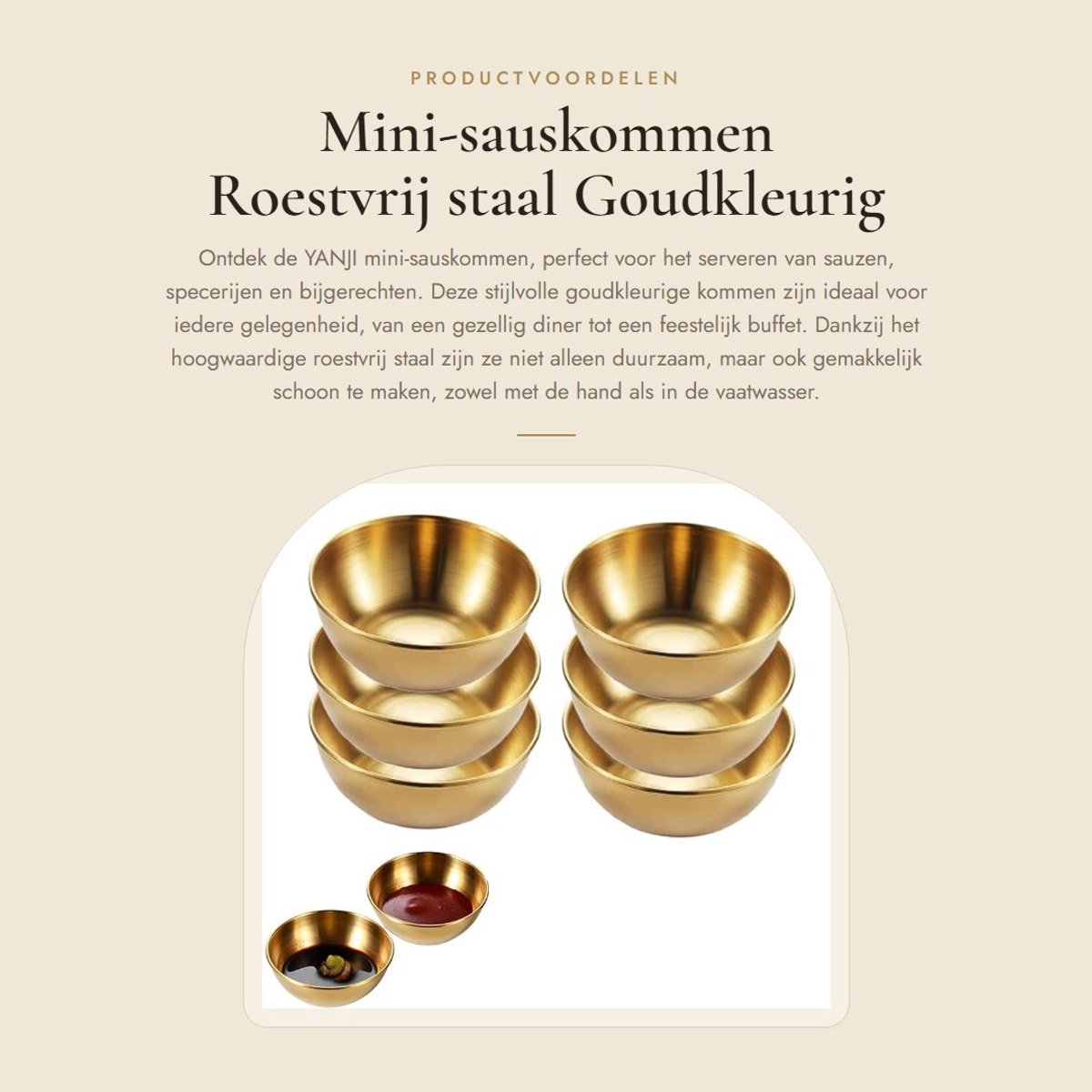Dailygoods- Kruidenkommen 6 stuks - Gouden Sauskommen - Roestvrij Staal - Hygiënisch - Vaatwasmachinebestendig - 2,5 x 8 cm - Sauzenkom