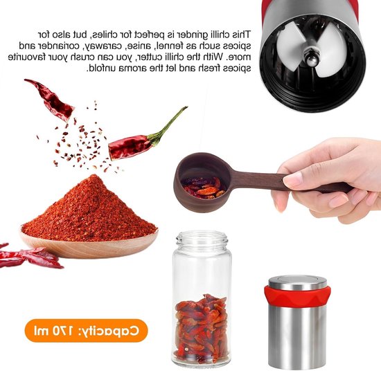 Chili Molen van RVS en Glas (170 ml) voor Grof Kruid en Gedroogde Chili, Specerijen Molen met Aromabeschermende Deksel en Sterke Snijmechanisme — afbeelding 3