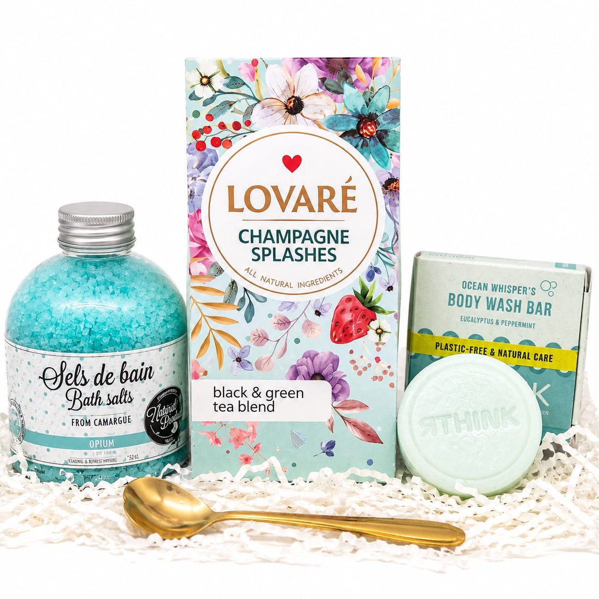 Luxe Wellness Cadeauset – Lovaré Champagne Splashes Thee, Opium Badzout, Eucalyptus & Mint Shower Bar + Gouden Theelepel