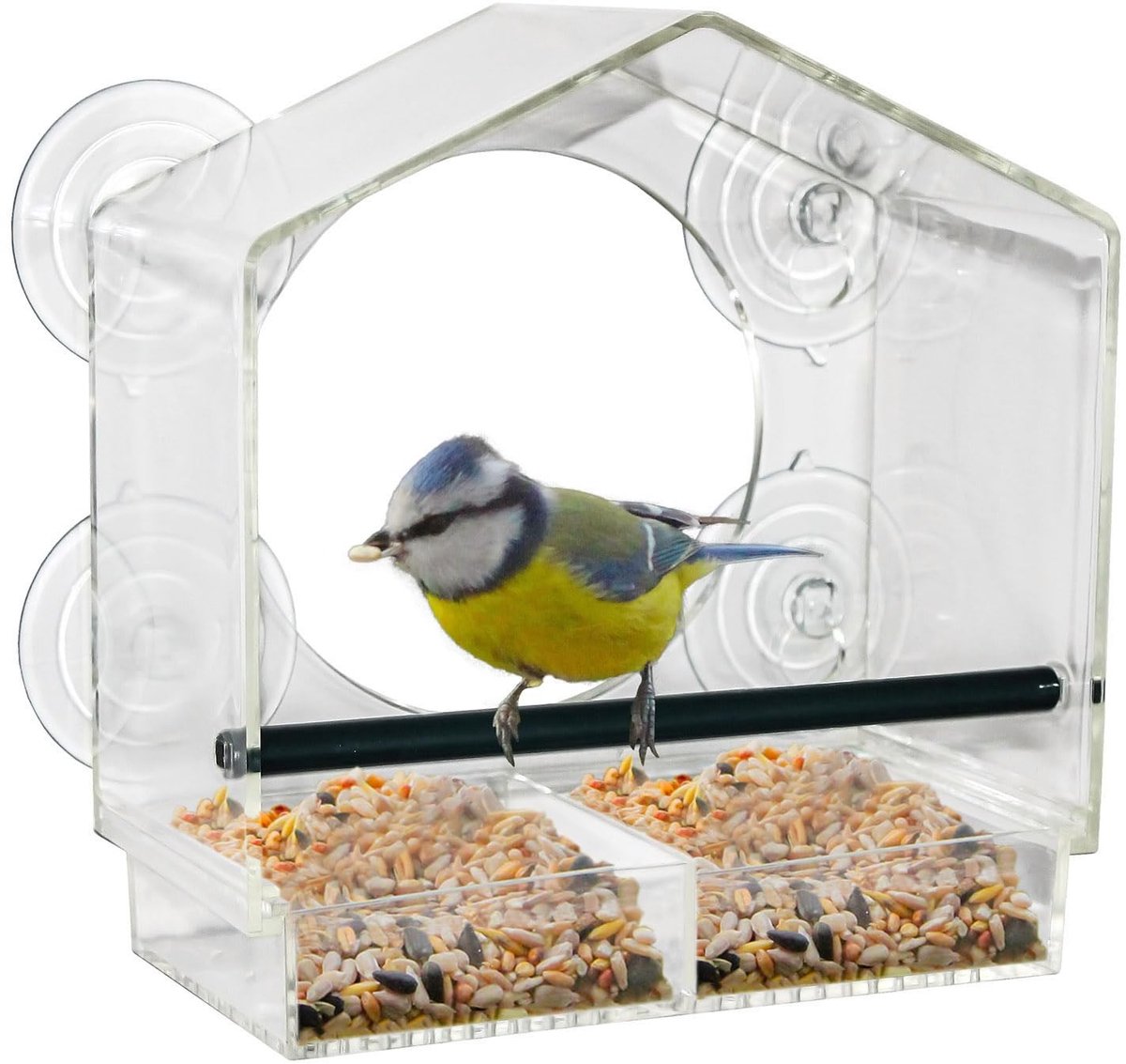 Dailygoods- Raamvoederhuisje Transparant - Vogelvoederstation - 20 x 18 cm - Met Zuignappen - Met Zitstang - Voor Bevestiging aan Ramen - Vogelvoederhuis