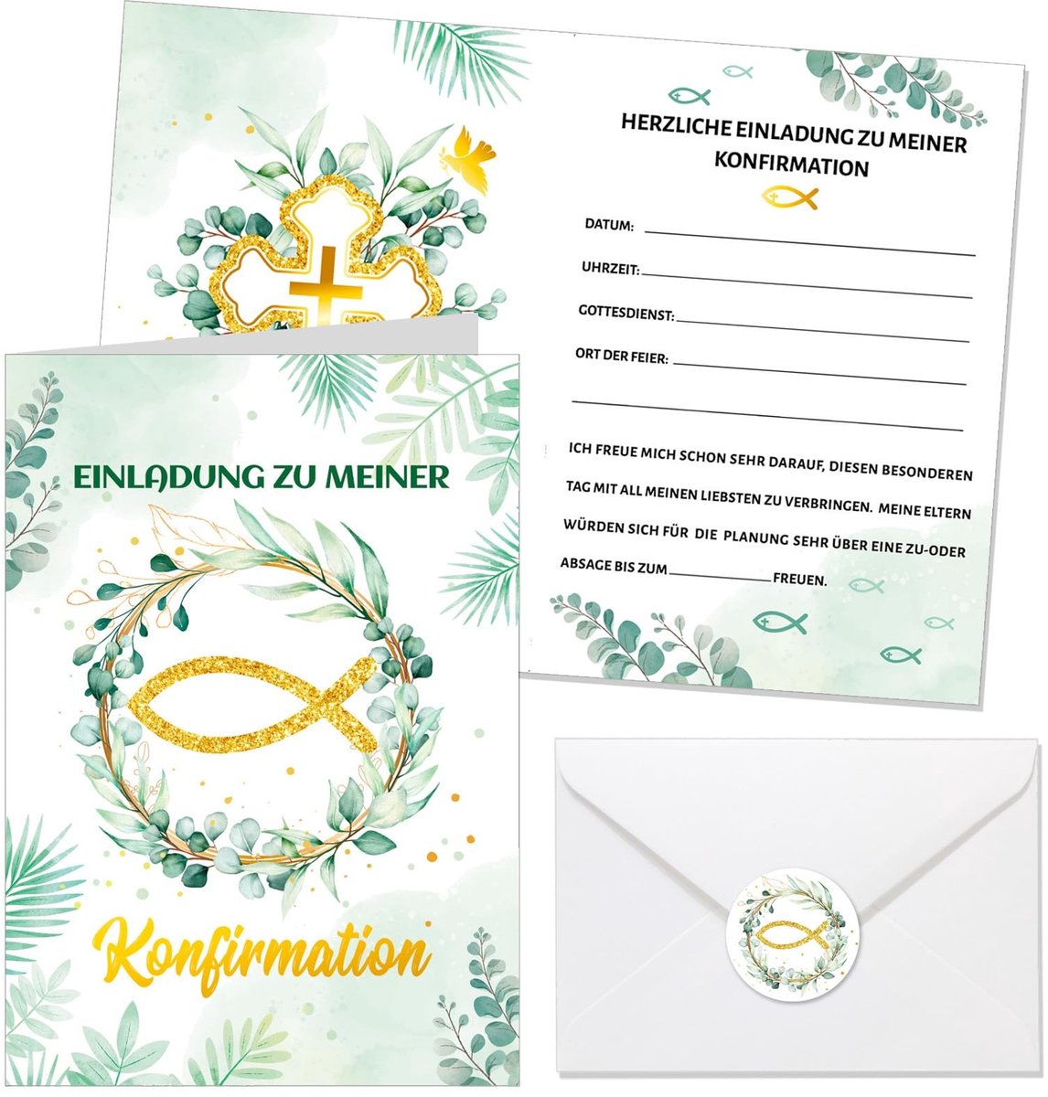 Dailygoods- Uitnodigingskaarten 12 stuks - Vormsel - Eucalyptus - Enveloppen - Decoratieve ontwerpen - Geschikt voor kinderen en volwassenen - Feestkaarten