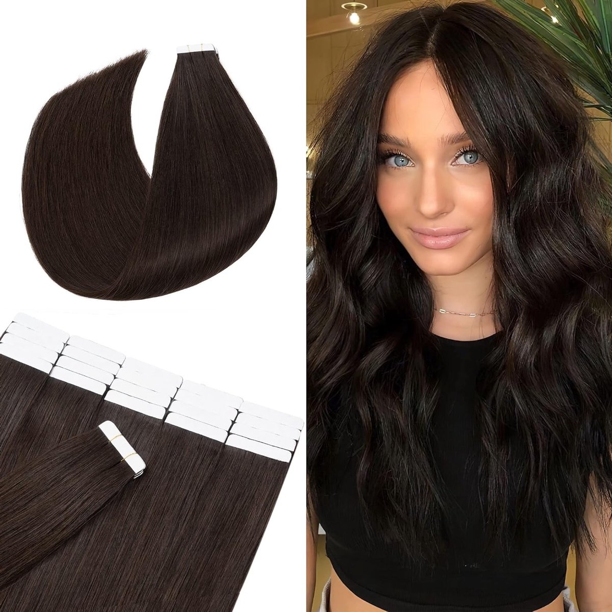 Echthaar Tape in Extensions voor een Natuurlijke Look - Invisible Seamless Haarstukken met Skin Weft - Donkerbruin #2, 40 cm (20 Stuks)