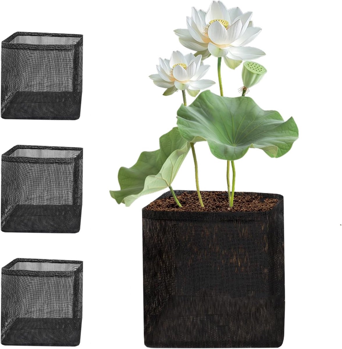 Drijvende plantenmanden voor waterplanten - Ademend mesh vijvermand voor lotus, moerisplanten en zeelliezen - Herbruikbare vierkante plantenzakken (17,8 x 17,8 x 18,5 cm) - Set van 4 stuks