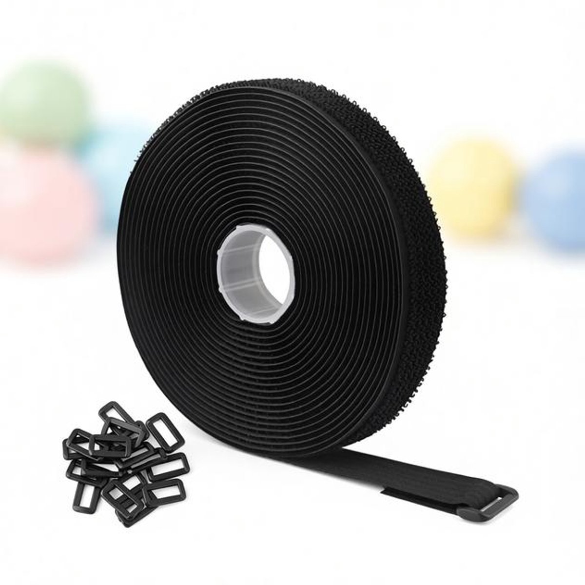 ElleMooi Klittenband 5 meter met 25 gespen, vrije snijlengte, zelfklevend, herbruikbaar, 5 m x 2,5 cm, breed 2,5 cm, zwart