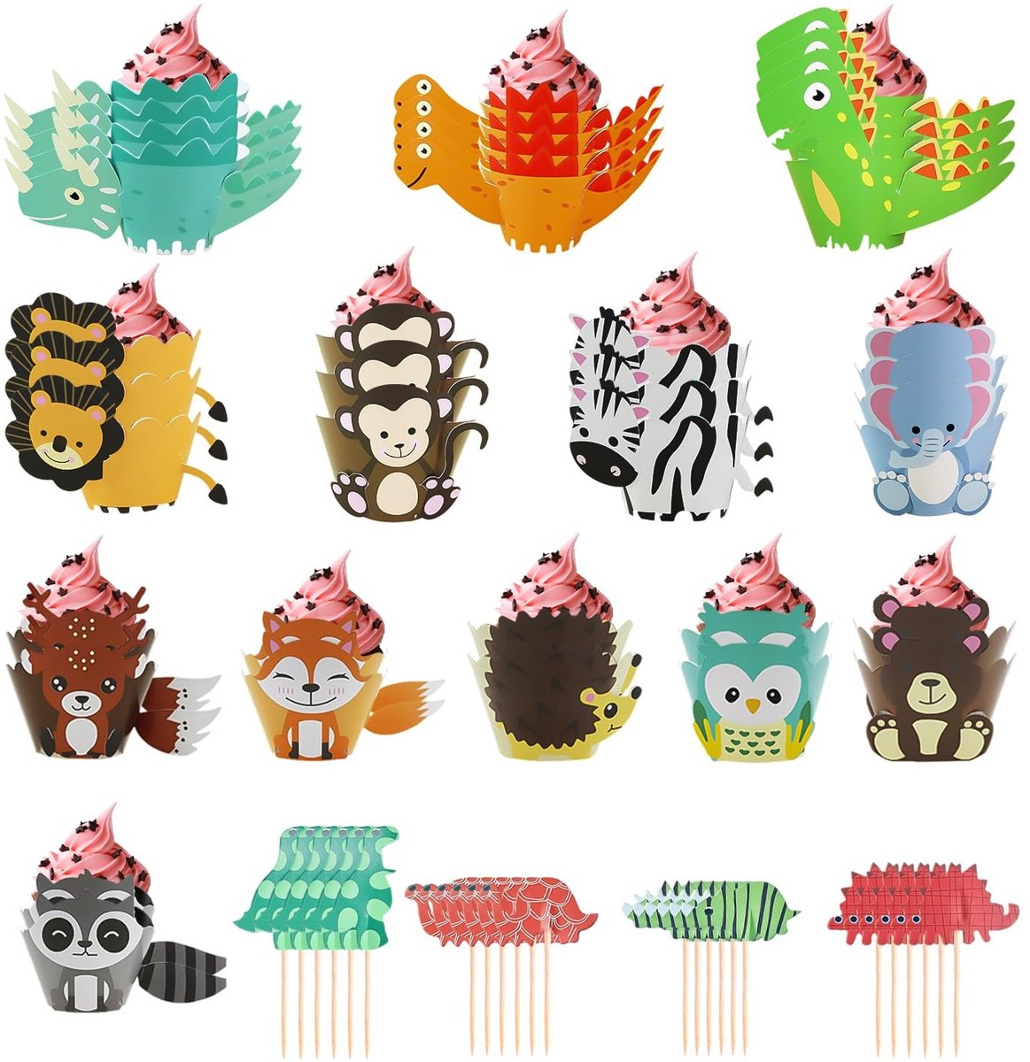 Dailygoods- Cupcake-decoratie 36 Stuks - Dinosaurus/Inzetstukken - Muffindecoraties - Verjaardagsaccessoires - Veelkleurig - Papiermateriaal - Taartdecoratie