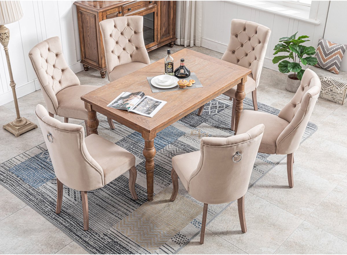 REDOM - Eetkamerstoel - Hoge Rugleuning en Knopen - Modern - Eetkamer - Fluweel en Rubberhout - Beige - 97 × 51 × 47 cm