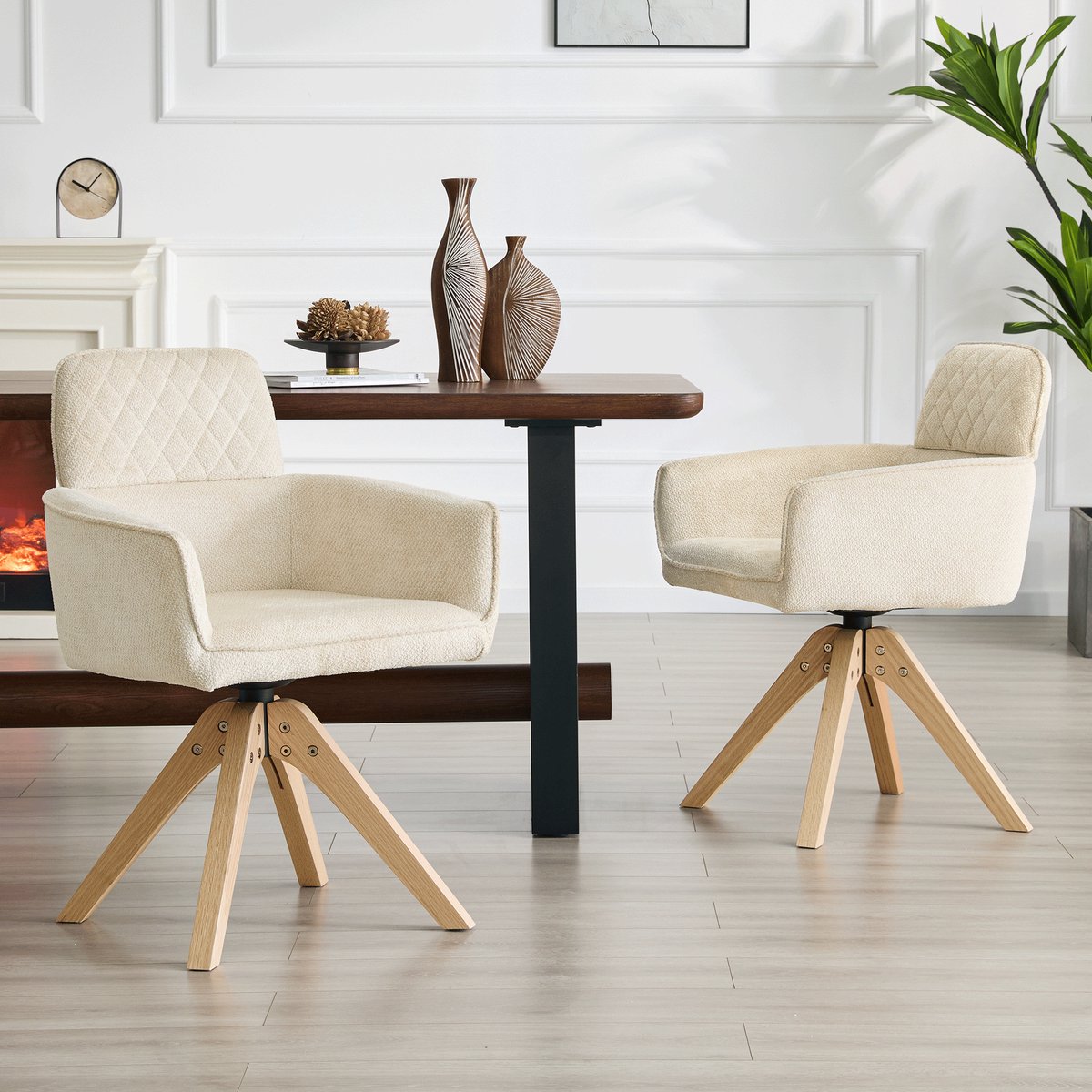 REDOM Eetkamerstoelen Set Van 2 - 360° Draaibaar - Wabi-sabi - Stof En Massief Hout - Crèm