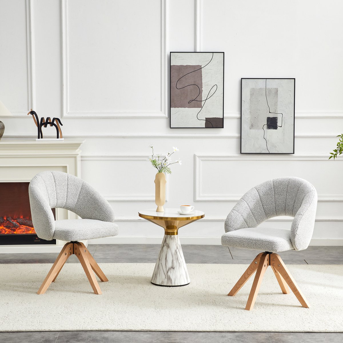 REDOM Eetkamerstoelen Set van 2 - 360° Draaifunctie - Retro - Stof en Massief Hout - Lichtgrijs - 84 cm Lichtgrijs, hout