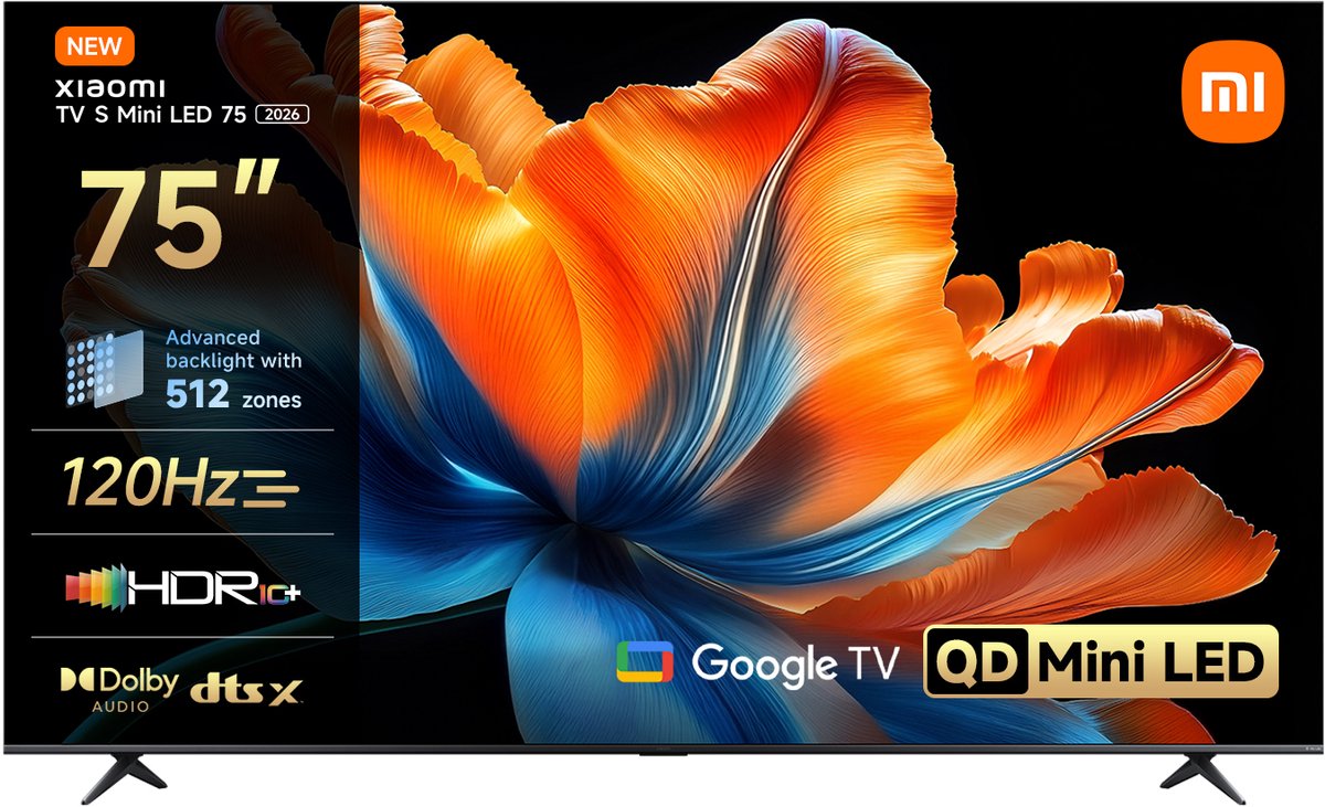 Xiaomi TV S Mini LED - 75 inch Smart TV - 4K UHD - Mini LED met 512 Dimming Zones - 120Hz Refresh Rate - Google TV met Chromecast & AirPlay - Dolby Vision & HDR10+ - Gaming en Films in Ultra HD