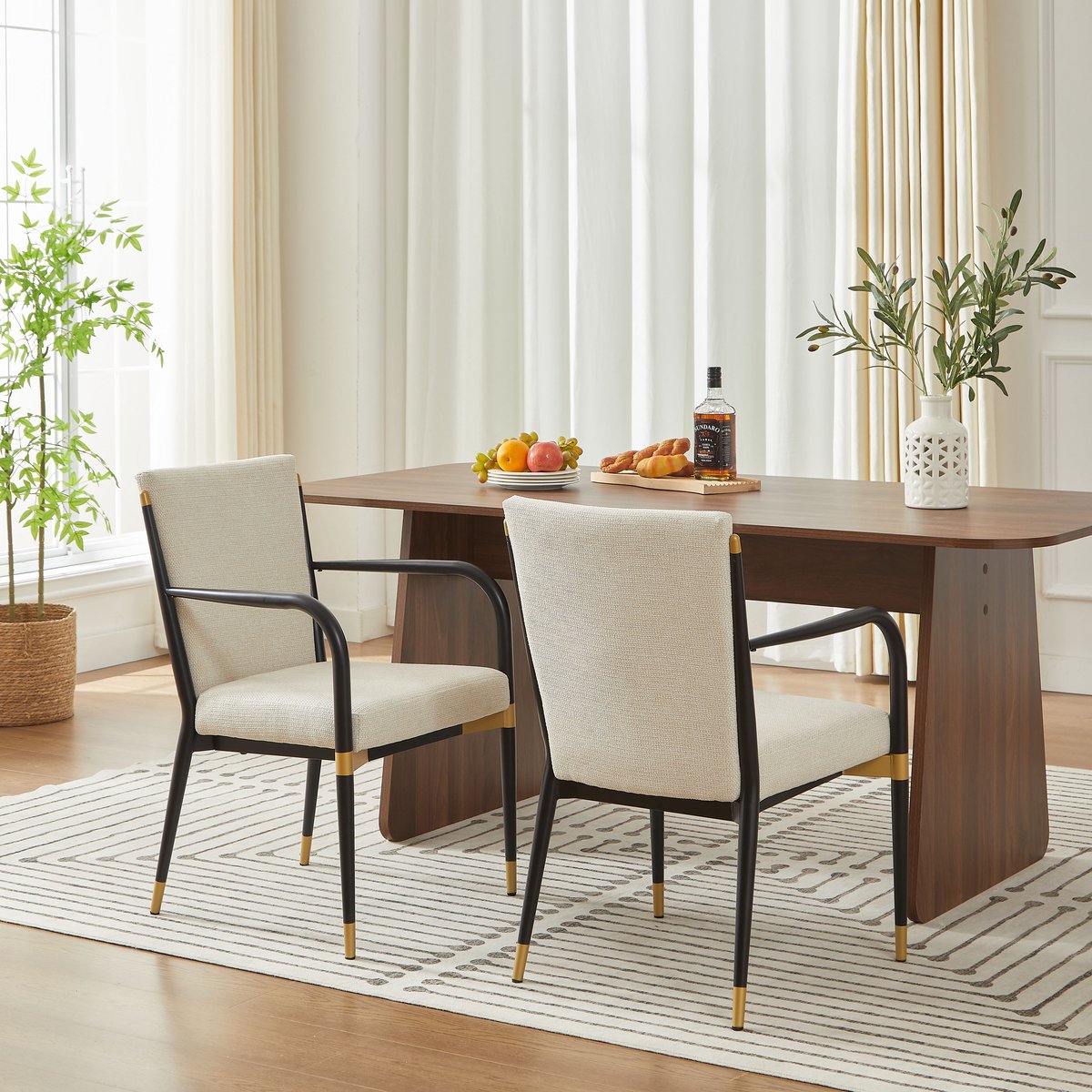 REDOM Eetkamerstoelen Set Van 2 - Met Armleuningen en Verstelbare Poten - Scandinavische Stijl - Stof - Beige