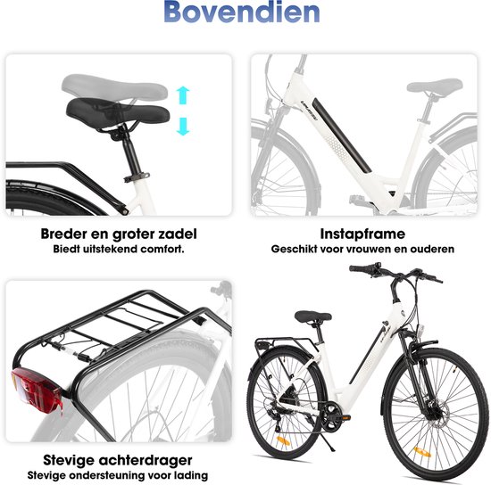 LAMASSU Elektrische Fiets - 700*38C - 250W Motor - 60 km Actieradius -Shimano 7 Versnellingen - Aluminium Frame - Unisex - Wit — afbeelding 3