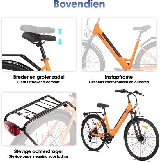 LAMASSU Elektrische Fiets - 700*38C - 250W Motor - 60 km Actieradius -Shimano 7 Versnellingen - Aluminium Frame - Unisex - Oranje — afbeelding 5