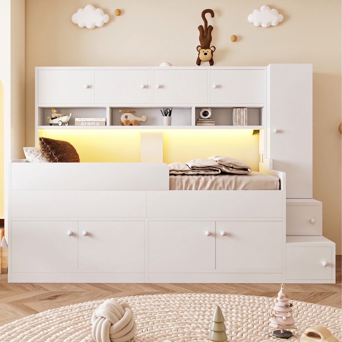 VVBV Kinderbed 90x200 – met Uitvalbeveiliging, Opbergruimte, Opbergvakken en LED – Hout – Wit – Kinderbed met Kast – Lades – LED-Verlichting White
