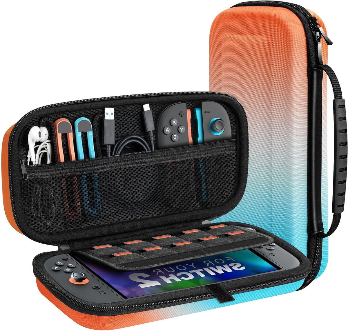 Draagbare Hard Shell Opbergtas voor Nintendo Switch 2, Ruime Bescherming met 10 Game Card Slots en Accessoire Pockets, Gradient Oranje