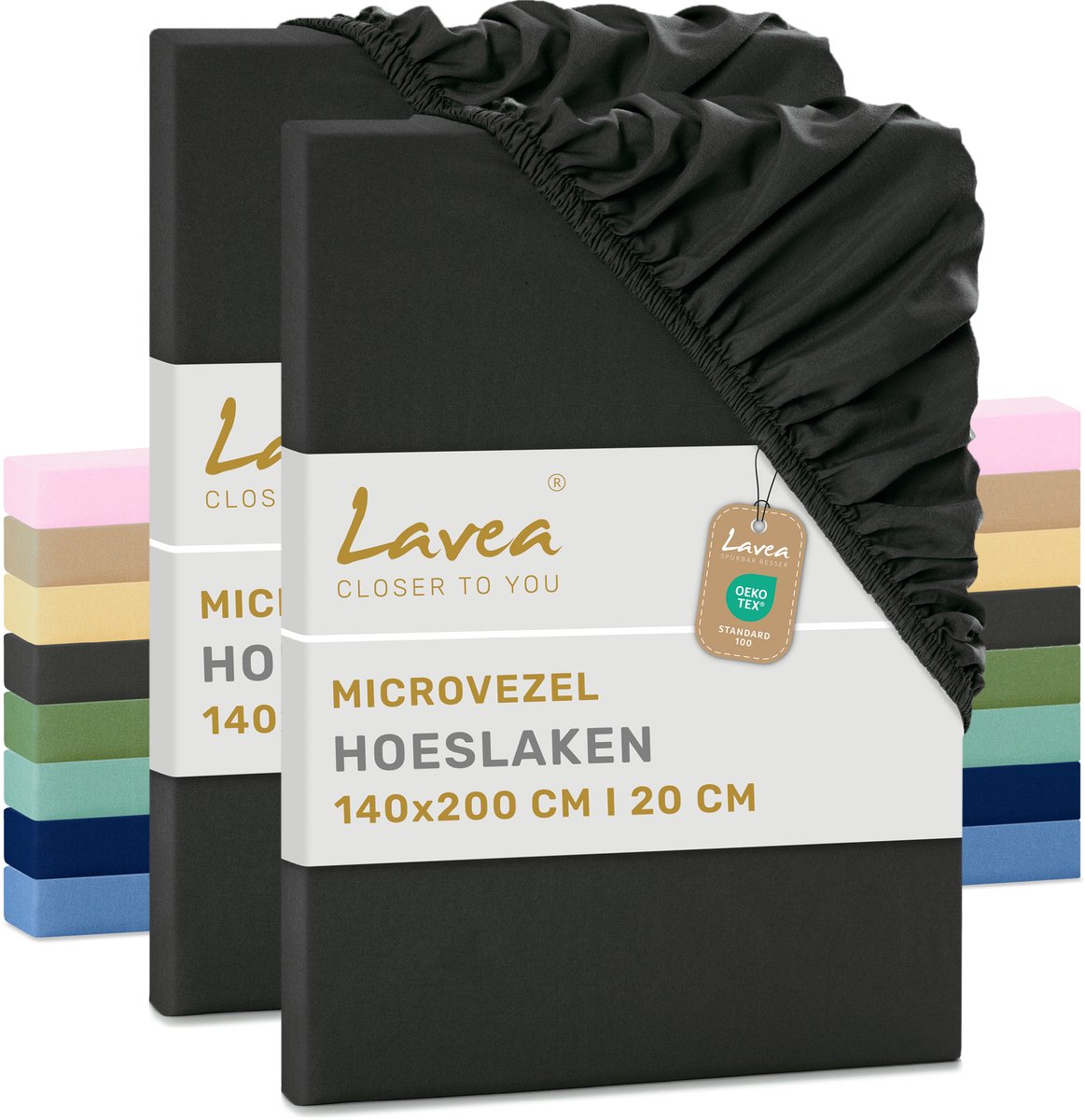Lavea® Set van 2 Hoeslakens 140x200 cm – zachte en ademende microvezel – voor matrassen tot 20 cm – met elastiek rondom – oeko-tex gecertificeerd – Antraciet