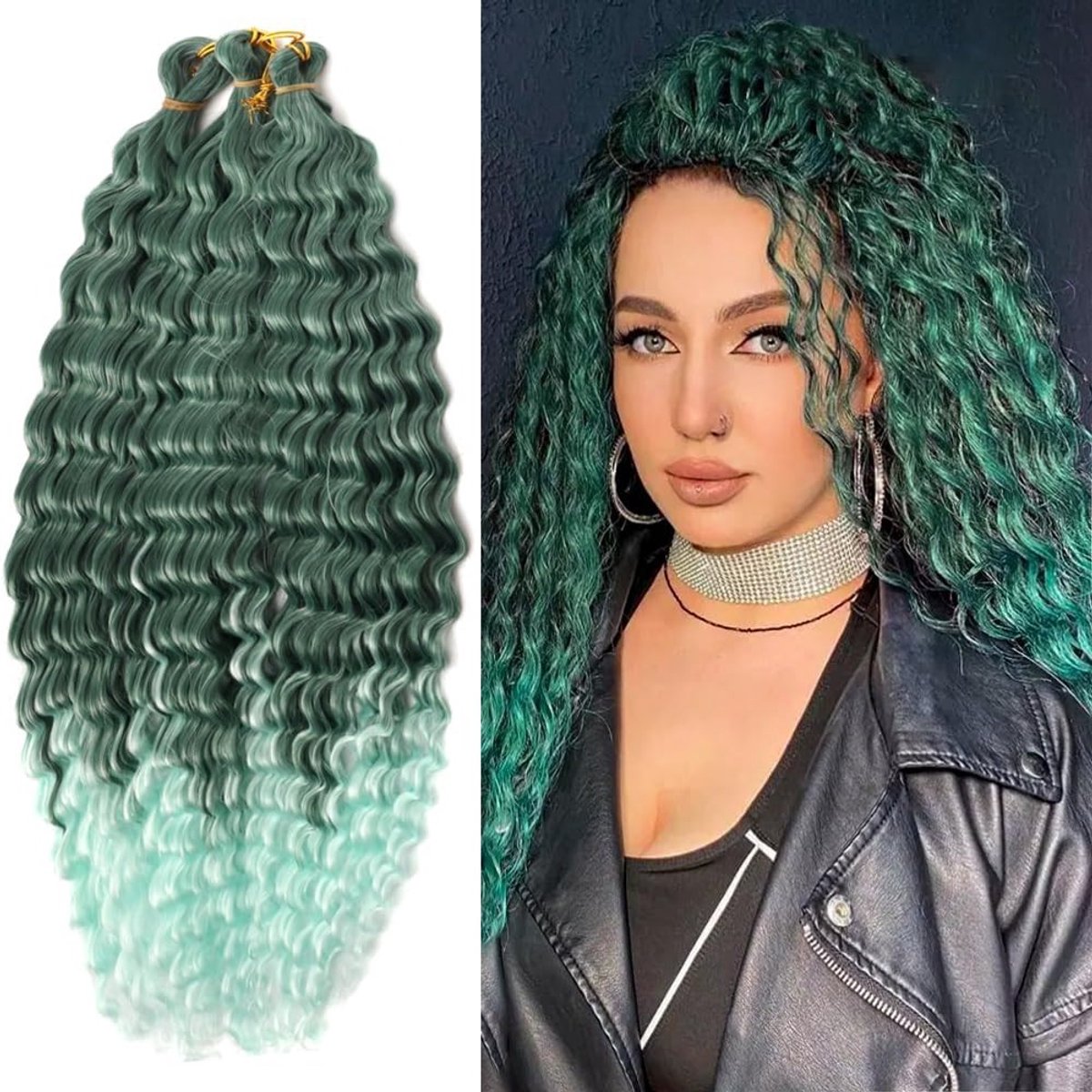 3 Packs van 22 Inch Groene Ombre Diepe Gedraaide Haakhaar met Ocean Wave Krullen - Bohemian Haakvlechten en Diepe Golf Bundels voor Vrouwen en Meisjes