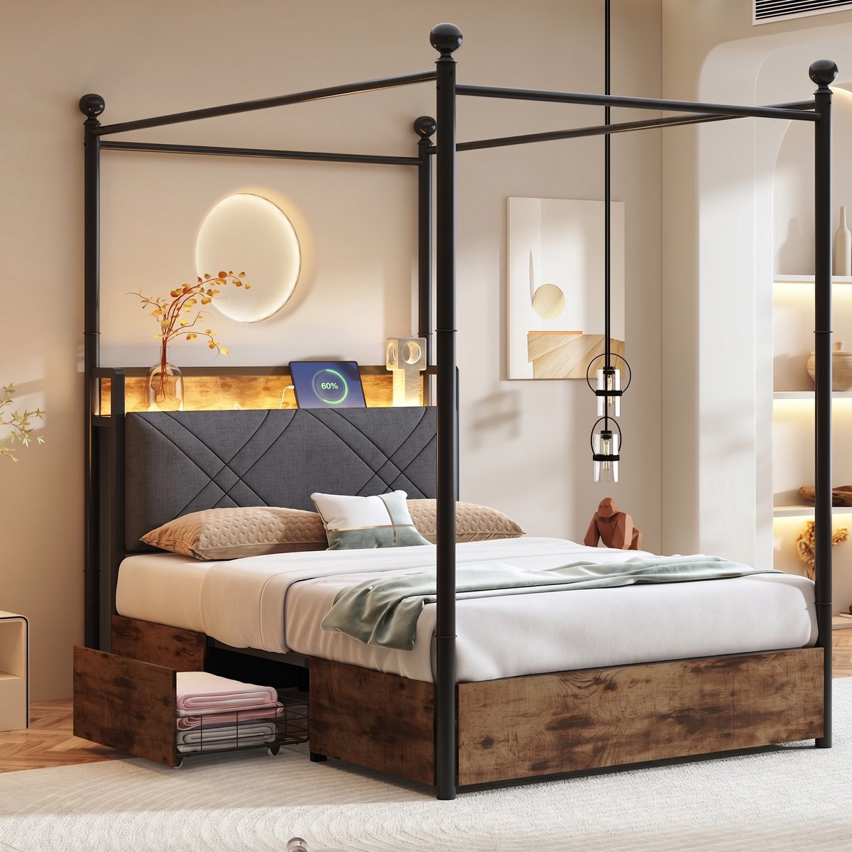VVBV Hemelbed 90x190 cm - Opbergruimte, LED-Verlichting, USB-C, Huisdesign, Voor Kinderen/Tieners, 2 Lades - Metaal Black