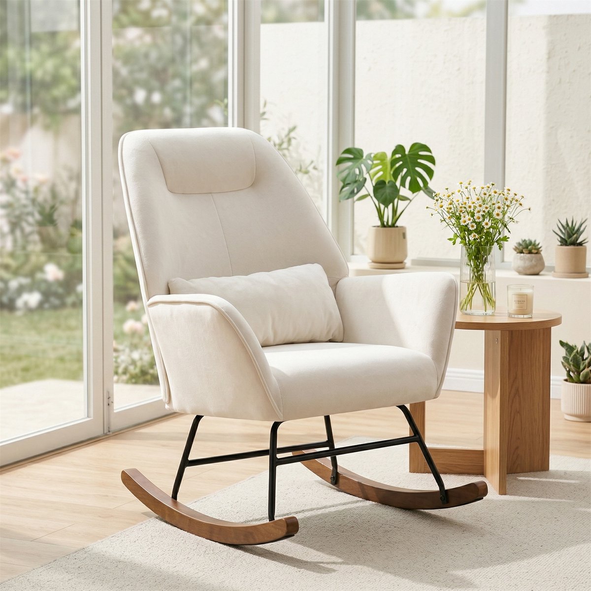 HomeMiYN Schommelstoel – Crème – Teddy Velvet Relaxstoel – Moderne Voedingsstoel met Armleuningen – Max 130 kg – Ergonomische Rugleuning – Rubberhouten Poten – Voor Woonkamer & Slaapkamer