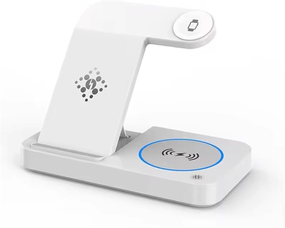4-in-1 Opvouwbaar Draadloos Oplaadstation met Sfeerverlichting, Geschikt voor Apple Watch, AirPods 4/3/2/Pro, iPhone, Samsung en Andere Smartphones, Wit