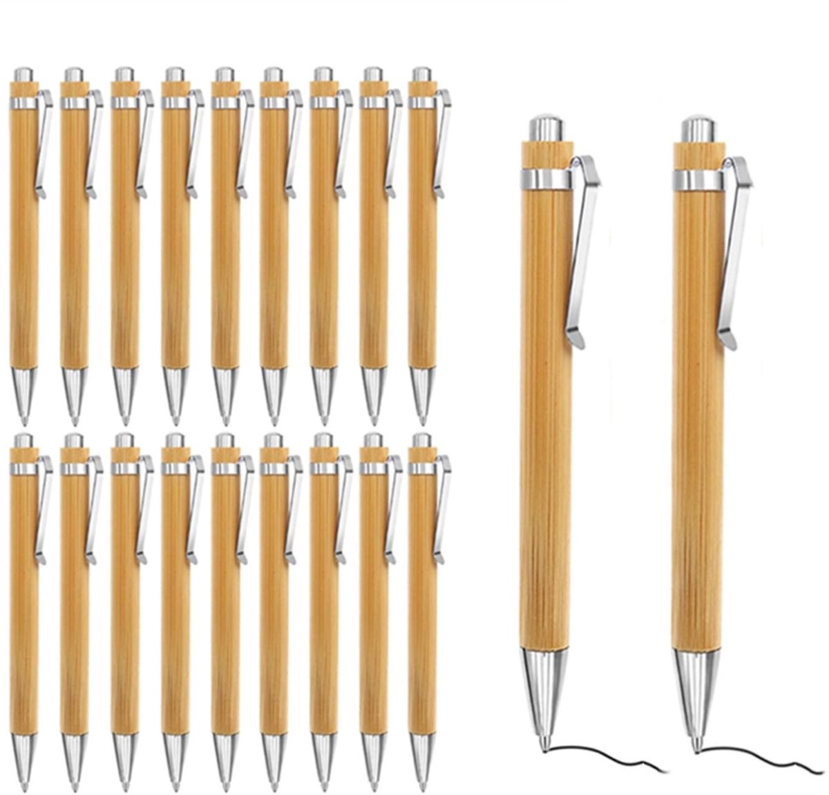 LAUZY- Balpen Houten - 20 Stuks - Schrijfinstrument - Bamboe - Navulling - Sneldrogende Inkt - 1,0 mm Punt - Schrijfpennen