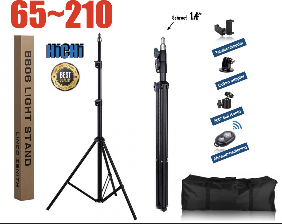 1Paar Professioneel Universeel Camera Statief 2M hoog Voor Smartphone, Actioncam, GoPro, Fotocamera, Studio Lamp en Spiegelreflexcamera Inc. Bluetooth Afstandsbediening, Telefoonhouder, 360 ° Mini Bal en GoPro Adapter - Statief - Tripod HiCHi®