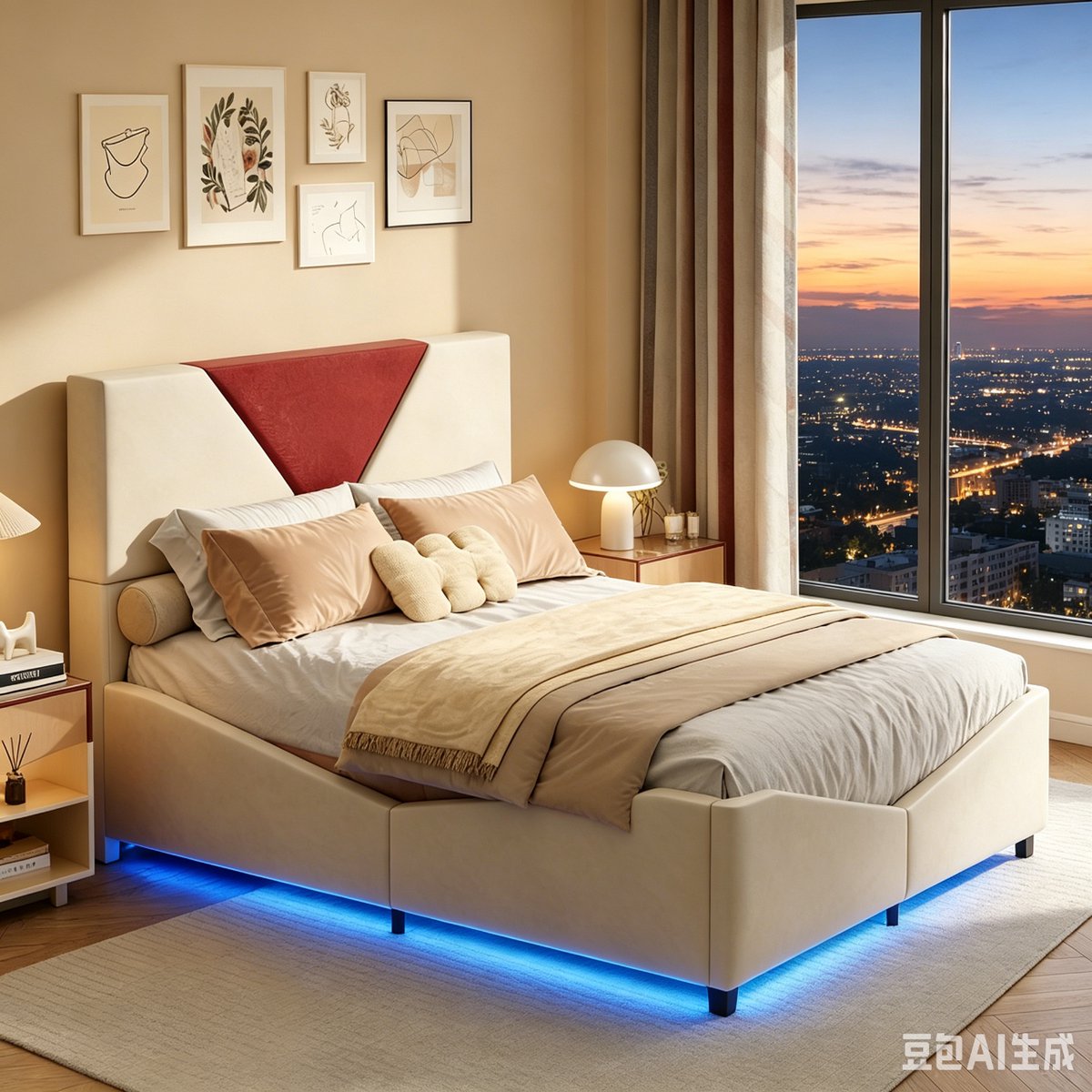 Opbergbed 160x200 cm – Tweepersoonsbed Met Gestoffeerd Hoofdbord, Geometrisch Tweekleurig Design, Ingebouwde LED en Hydraulische Opbergruimte, Voor Volwassenen en Jongeren, Beige Fluweel