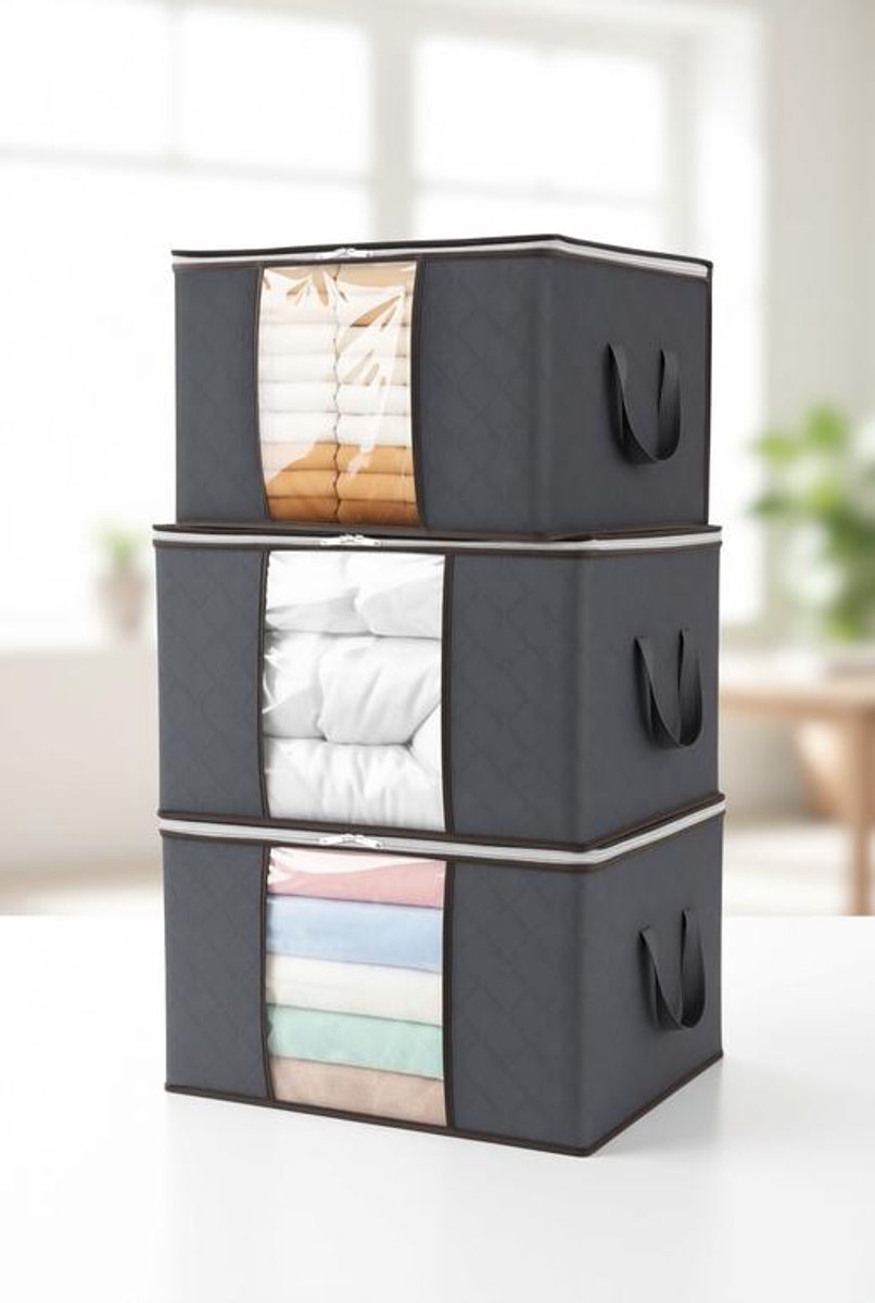 ElleMooi Opbergtassen met deksel 3 stuks 60L - Opvouwbare kledingorganizer met versterkte handgrepen en transparant venster - Grijs