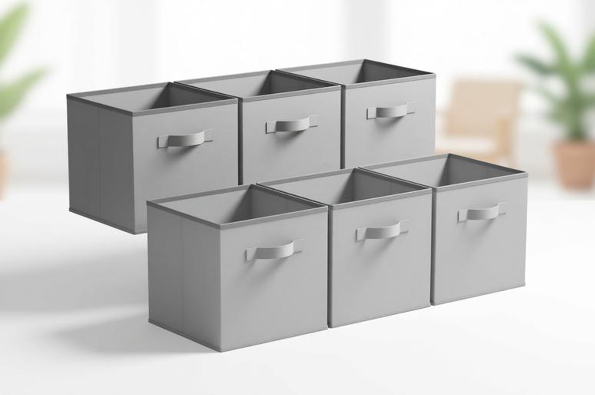 ElleMooi Opbergkubus met handvat, set van 6, stoffen opbergdoos 27x27x27 cm, opvouwbaar - Grijs
