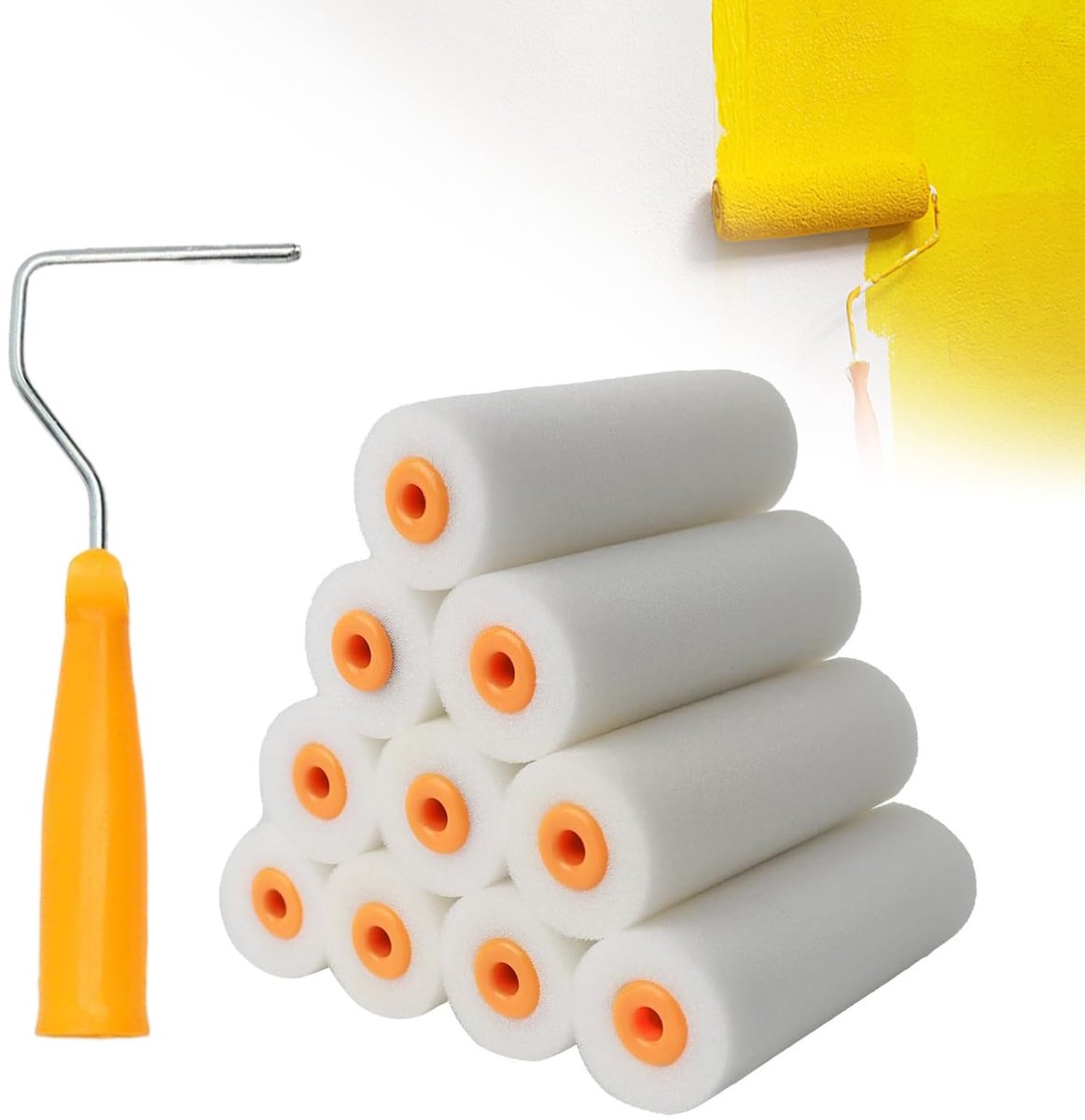 Dailygoods- Lakroller 11 cm - 10 Stuks - Verfrollerset - Schuimrol - Verfrollerbeugel - Hoogwaardige Spons - Handvat - Verfroller