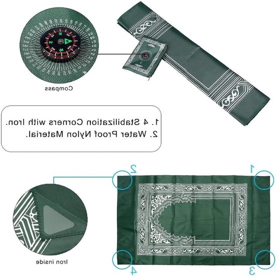 Reisgebedsmat - Draagbaar kleed - Overal bidden - Met kompas zak - 60 x 100 cm - Groen — afbeelding 3