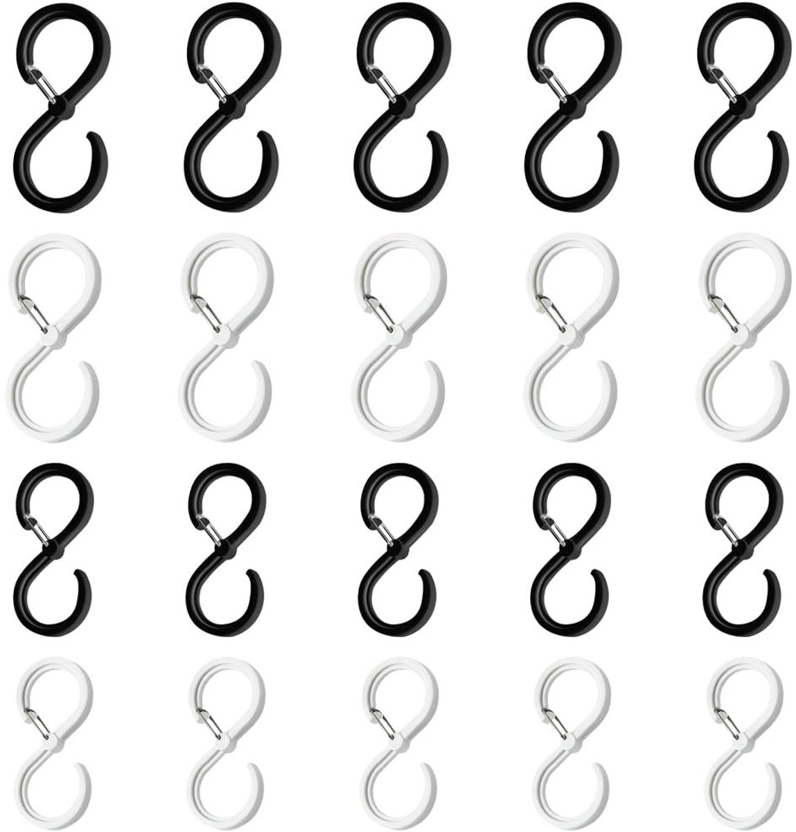 Dailygoods- S-haken 20 stuks - Kunststof/Roestvrij Staal - Zwart/Wit - Heavy Duty - Veiligheidsgesp - 9,2 cm/6,4 cm Afmetingen - Ophanghaken