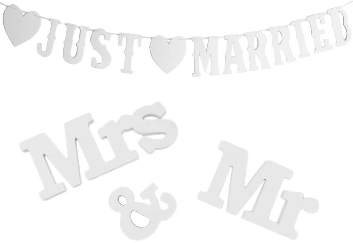 Dailygoods- Decoratieve Letters - Witte Houten Banner - MR & MRS - Bruiloft Decoratie - Vintage Slinger - Duurzaam en Herbruikbaar - Bruiloftdecoratie