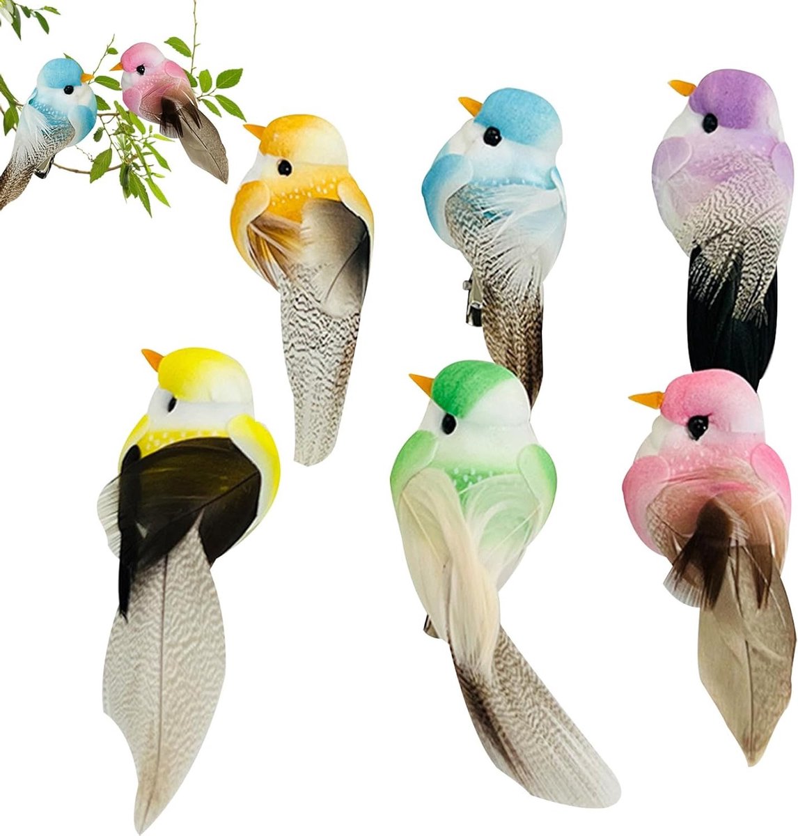 6-delige set - Decoratieve vogelset - Realistische vogel van schuimrubber met veren - Mini decoratieve vogel - 5,5 cm * 3 cm * 3 cm - Schattig en verfijnd - Tuindecoratie - Geschikt voor tuinen, lentedecoraties en feestdecoraties