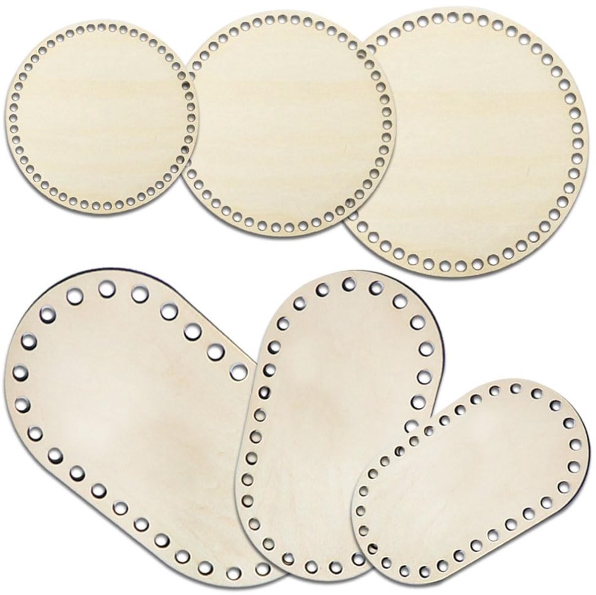 Dailygoods- Mandbodem Robuust en Duurzaam - Houten Mandbodem - Rond/Ovaal - 3 Stuks (10/15/20 cm) - Met Gat voor Breien - Retro en Elegant