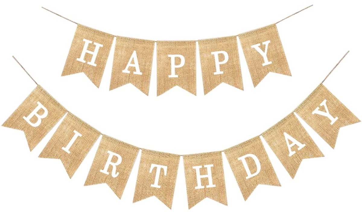 Dailygoods- Verjaardagsbanner Jute - Vintage Vlaggetjesslinger - Feestdecoratie - DIY Decoratie - Herbruikbaar - Verstelbare Afstanden - 13 x 18 cm