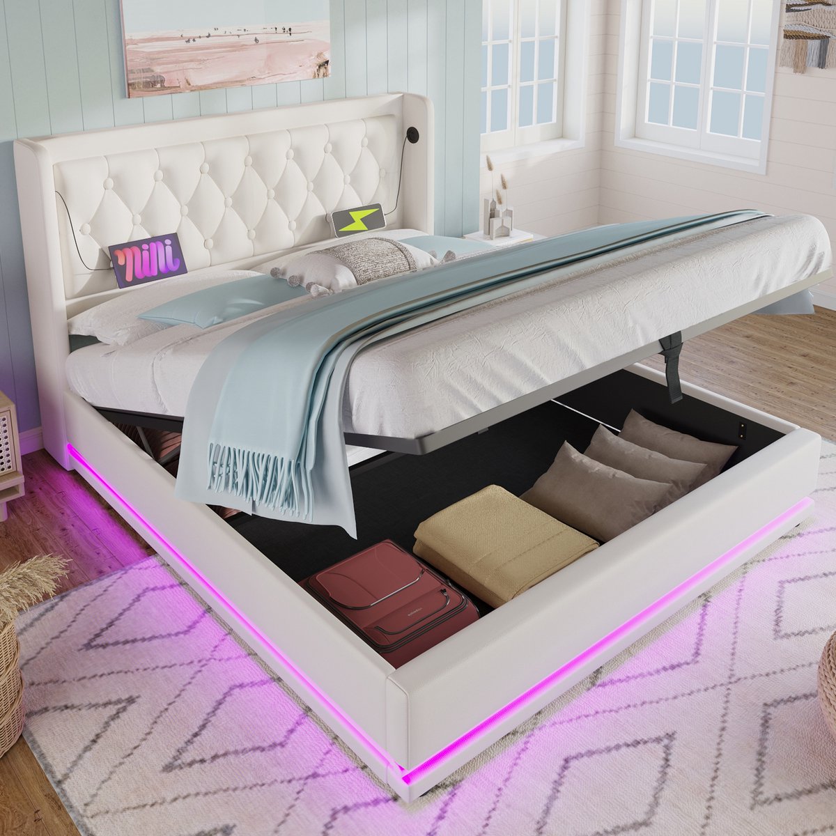 DESMIU Gestoffeerd Bed 140x200 cm – USB En Type C In Hoofdbord – Hydraulisch Opbergvak En 3-Zijdige Ledverlichting – Tweepersoonsbed – PU – Wit – Zonder Matras