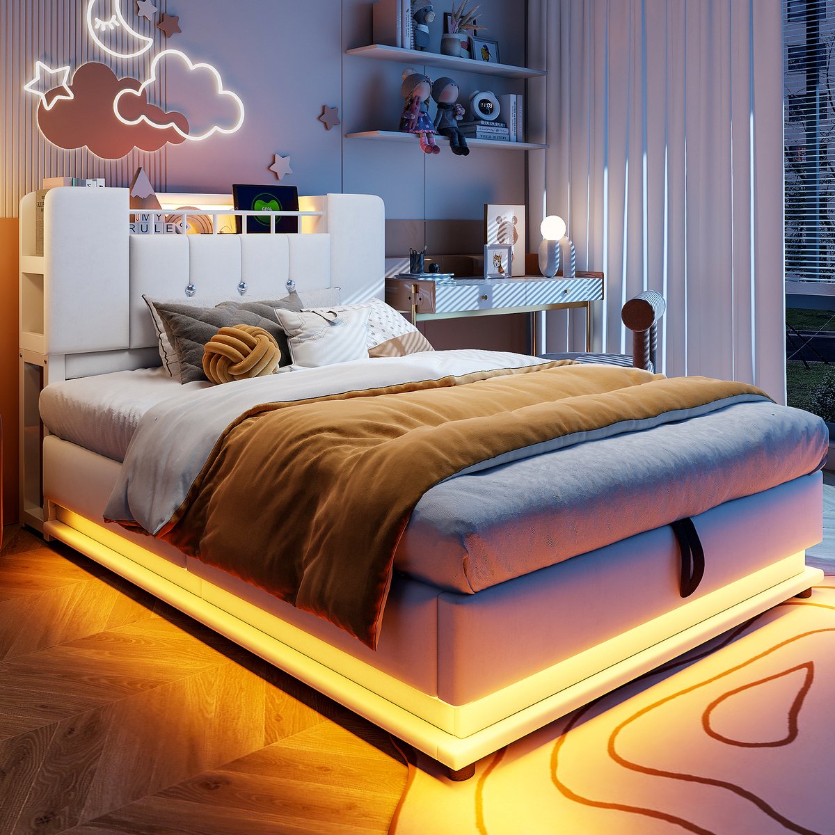 DESMIU Kinderbed 90x200 cm – Gestoffeerd Bed Met Ledverlichting En Usb-Aansluiting – Hydraulische Opbergruimte – Voor Kinderkamer – Fluweel – Beige – Zonder Matras